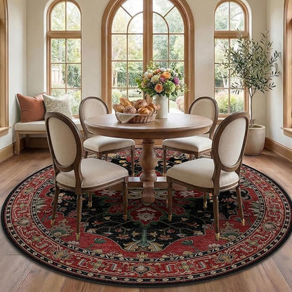 RELEANY Area Rugs Round 7ft Washable Non-Slip, Floral Vintage Distress Print Pattern Medallion Carpet for Living Room Bedroom Dining Room, Red Black