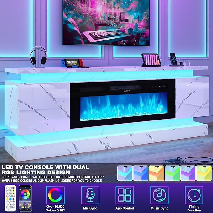 chartustriable 71IN LED TV Stands w/40 inch Fireplace Power Outlet for 85/80/75 Inch TVs,High Glossy Modern TV Media Console Gaming with 2 Storage Cabinets,Dual LED Lights,White Marble