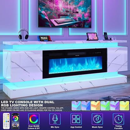 chartustriable 71IN LED TV Stands w/40 inch Fireplace Power Outlet for 85/80/75 Inch TVs,High Glossy Modern TV Media Console Gaming with 2 Storage Cabinets,Dual LED Lights,White Marble
