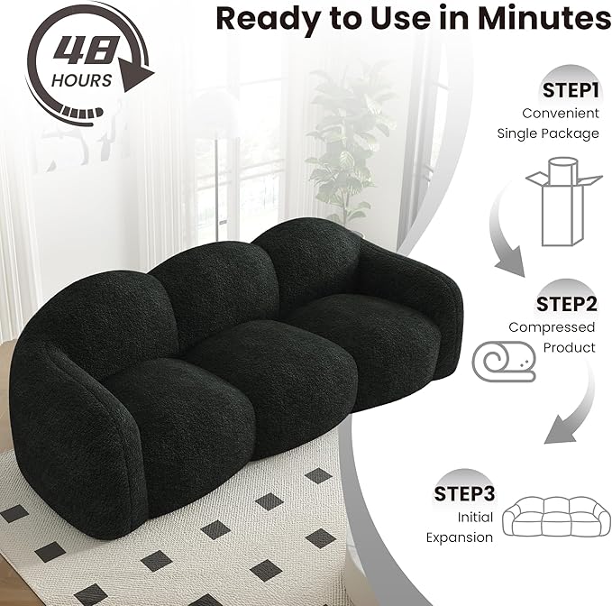 90" Modern Teddy Velvet Sofa Couch – One-Piece Memory Foam 3-Seater Sofa with Rounded Arms, Soft & Cozy Upholstery for Living Room