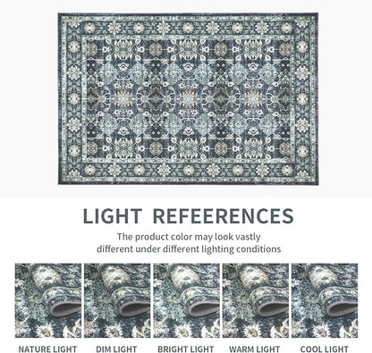 Washable 6×9 Area Rug for Living Room, Vintage Floral Rug Soft Non Slip Stain Resistant Boho Carpet for Indoor Bedroom Dinning Room Home Office Blue/Navy