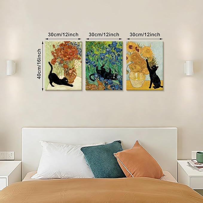WENGTIAO 3Pcs Black Cat Wall Art Prints Vintage Van Gogh Sunflower Cat Canvas Paintings Irises Floral Pictures Flower Aesthetic Artwork for Living Room Bedroom 12”x16”x3