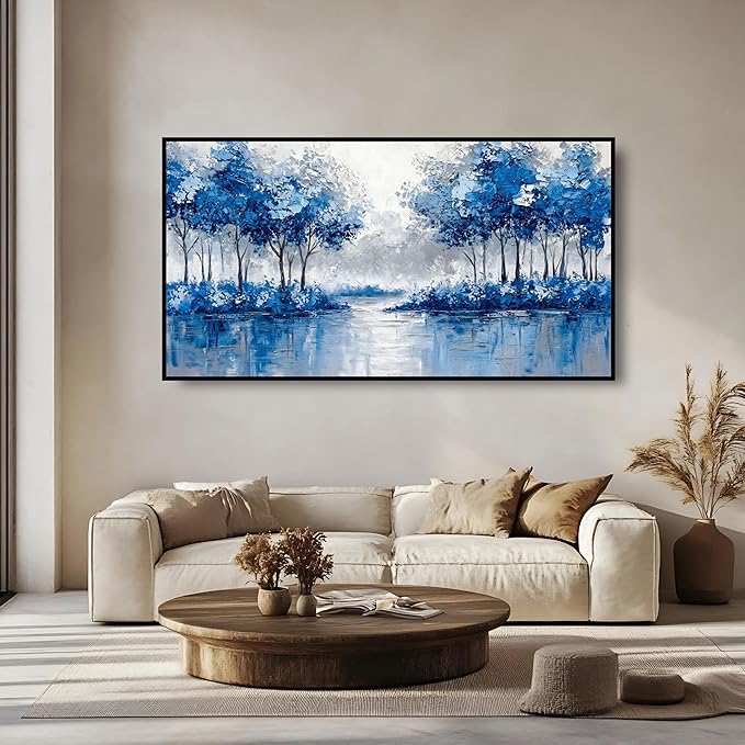 Large Wall Art for Living Room Bedroom Office Entryway, Blue Gold Abstract Modern Luxury Framed Crystal Porcelain Wall Decor, Waterproof Easy Clean Artwork for Home Hotel Restaurant Bar 24x48 Inch