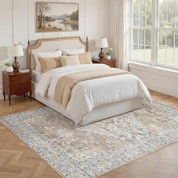 5x7 Washable Area Rugs for Living Room: Non Slip Vintage Brown Gray Rug, Large Soft Stain Resistant Indoor Floor Carpets for Bedroom Dining Room Nursery Home Office Kid & Pet Friendly