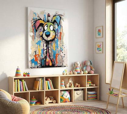 Colorful Graffiti Cartoon Dog Canvas Wall Art Abstract Doodle Animals Wall Decor Picture Vibrant Playful and Fun Cartoon Style Puppy Poster Printing for Living Room Bedroom Artwork Home Decoration