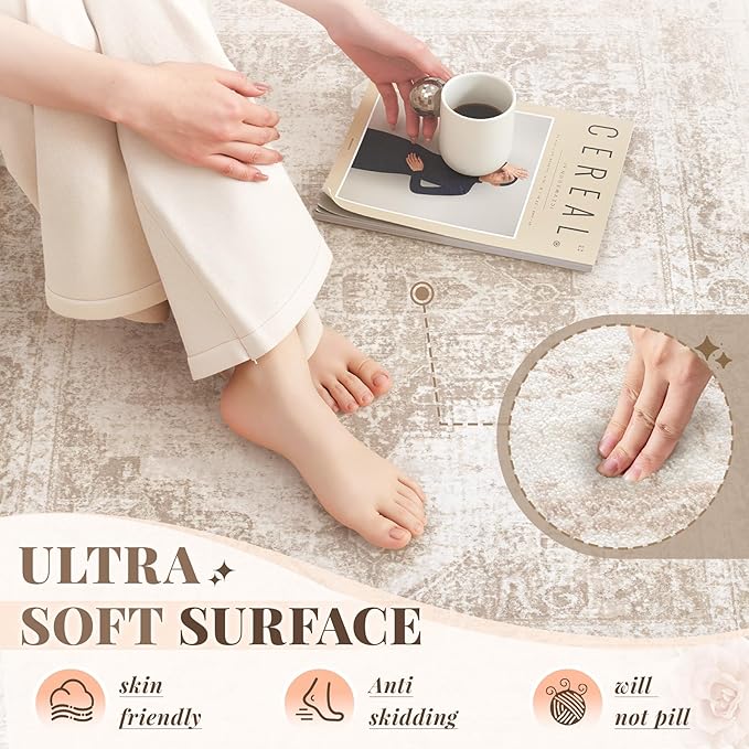 Area Rug 2x6 Runner Rug: Washable Vintage Hallway Rugs Indoor Medallion Rug Low Pile Distressed Floor Carpet Retro Accent Rugs for Kitchen Bedroom Bathroom Dining Room(Beige, 2'x6')