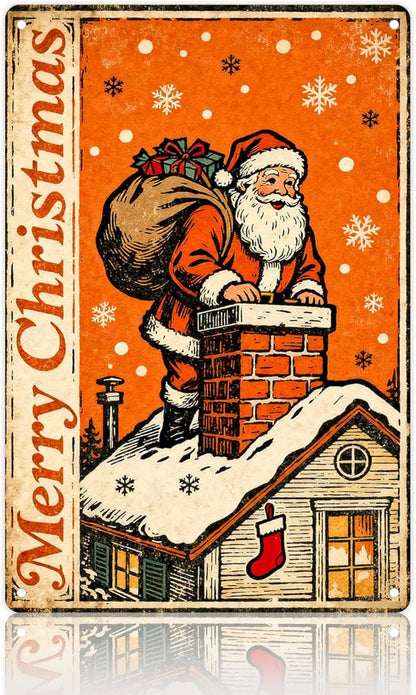 Christmas Decorations Metal Tin Sign For Indoor Outdoor 12x8 In Santa Climbing Chimney Sign With Snowflake & Stocking Man Cave Decor For Yard, Garage Wall, Rustic Vintage Bar Club Xmas Decoration.