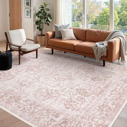 Rugxara 5x7 Washable Area Rug for Living Room & Bedroom, Large Light Pink Rugs for Women, Non Slip, Durable Low Pile Carpet, Vintage Carpets for Office, Dining Room, Kids Room and Farmhouse