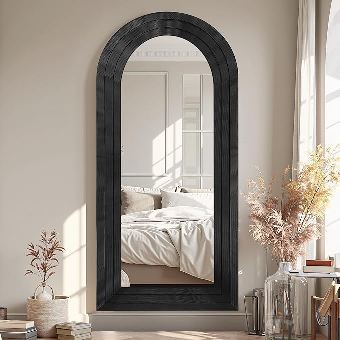 Antok Full Length Mirror with Solid Wood Frame, 71"×32" Wall Mounted Oversized Floor Mirror with Stand, Leaning Standing Hanging for Bedroom Living Room Entryway, Black, Arched Syle