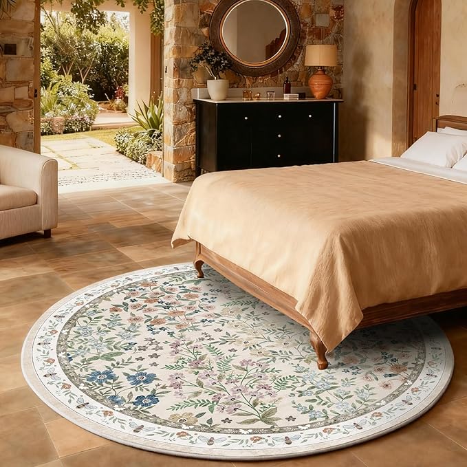 Washable Round Rugs for Bedroom 4ft: Living Room Rug Stain Resistant Non Slip Low Pile Ultra Soft Faux Wool Small Circle Rugs for Entryway Kitchen Bathroom Nursery Entrance Dorm Home Office Indoor