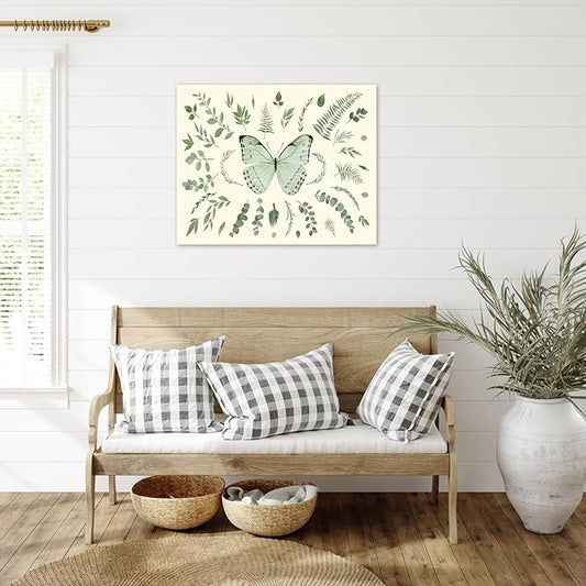 LB Sage Green Butterfly Wall Art Watercolor Leaf Eucalyptus Leaves with Butterfly Canvas Wall Art Green Plant Wall Decor for Living Room Bedroom Bathroom Framed Ready to Hang 8L x 10W Inch