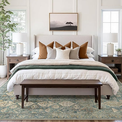 Bavni Washable Rug 8x10 Area Rug for Living Room Bedroom Dining, Washable Vintage Print Carpet, Ultra-Thin Low Pile Lightweight Rug with Non Slip Backing, Teal