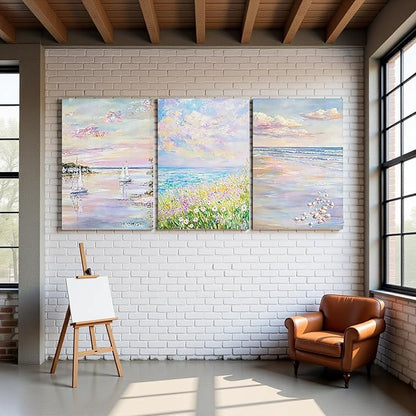SEWEAIPIC 3 Piece Coastal Wall Art, Dreamy Pastel Pink Beach Canvas Prints, Calming Ocean Sunset Painting for Bedroom, Living Room Decor, Seascape Artwork, 16x24 inch - Framed