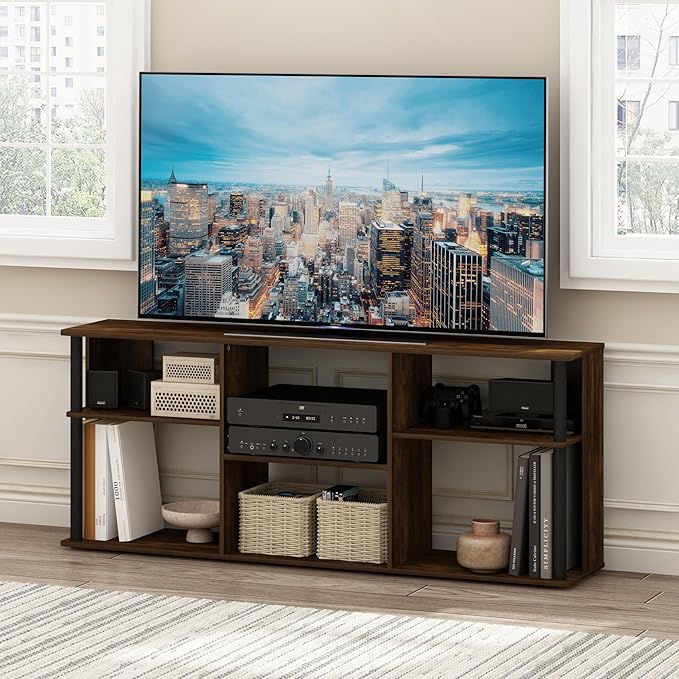 Furinno Classic TV Stand, 3-Tier Entertainment Center with Storage Shelf, Open Back TV Console for TV up to 65 Inch with Plastic Poles, for Living Room, Bedroom, Amber Oak