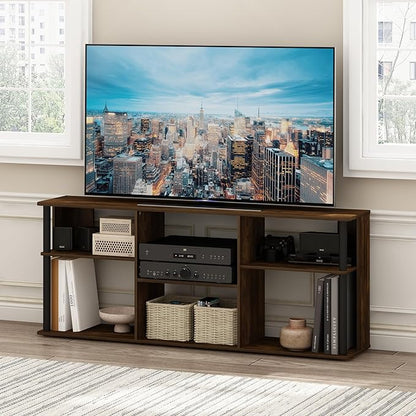 Furinno Classic TV Stand, 3-Tier Entertainment Center with Storage Shelf, Open Back TV Console for TV up to 65 Inch with Plastic Poles, for Living Room, Bedroom, Amber Oak