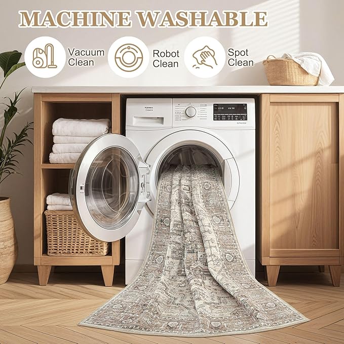 6x6 Round Area Rugs Washable Vintage - Soft Traditional Rugs for Living Room Large Non Slip Backing with Low Pile Farmhouse Oriental Retro Carpet for Bedroom Dining Room or Home Office - Light Brown