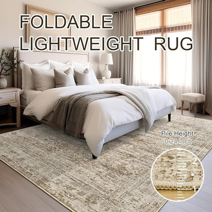Soalmost Washable Area Rug 8x10, Large Soft Rugs for Living Room Vintage Area Rugs for Bedroom Dining Room Non-Slip Stain Resistant Brown Under Table Rug