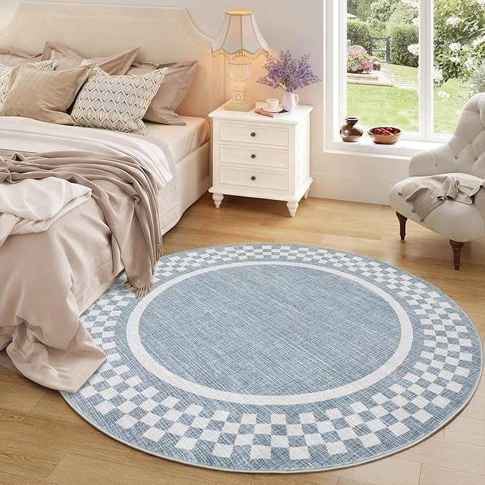 4ft Washable Round Rug for Entryway Modern Checkered Bedroom Circle Rug Non Slip Soft Dining Room Round Throw Carpet Small Stain Resistant Border Round Rugs for Living Room Kitchen Bathroom, Blue