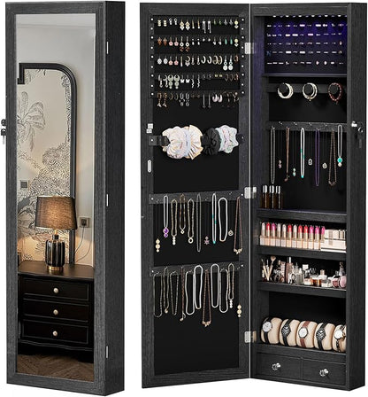 DUMOS Jewelry Armoire Cabinet with Full Length Mirror, 47.2" Tall Wall Mounted or Over the Door Jewelry Organizer with 33 Necklace Hooks, Lockable Large Capacity Jewelry Armoire with Drawers, Black
