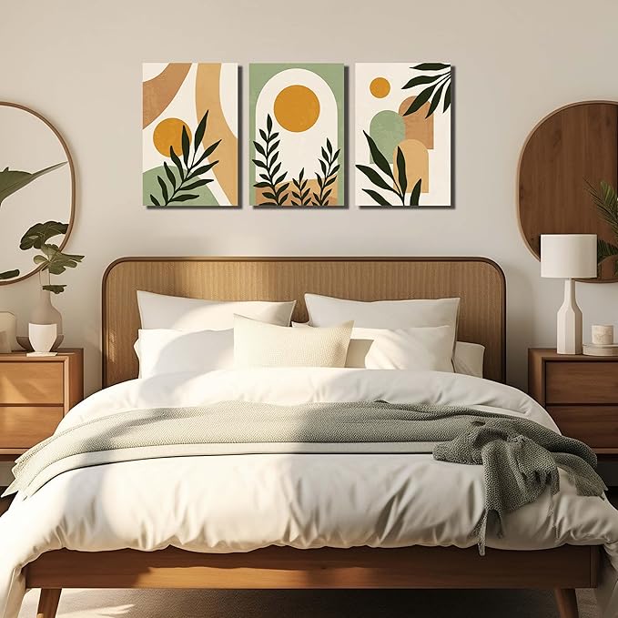 Boho Sun Canvas Wall Art Set of 3, Neutral Abstract Minimalismt Bohemian Geometric & Botanical Plants Pictures Prints Artwork Paintings Wall Decor for Bedroom Living Room Home Decoration 16x24 inches