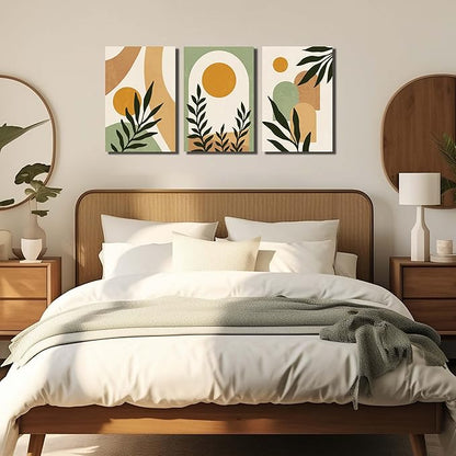 Boho Sun Canvas Wall Art Set of 3, Neutral Abstract Minimalismt Bohemian Geometric & Botanical Plants Pictures Prints Artwork Paintings Wall Decor for Bedroom Living Room Home Decoration 16x24 inches