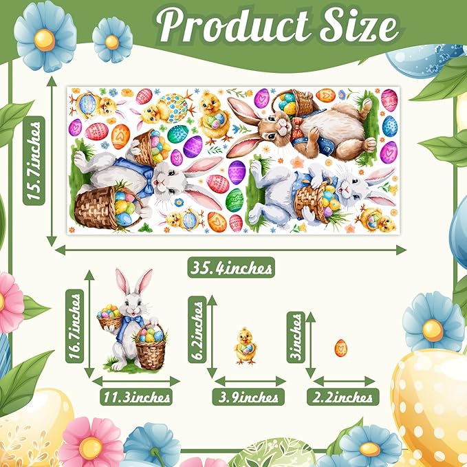 Easter Window Decoration Clings Bunny Decals for Glass Window Double-Side Vintage Bunny Decal Removable Easter Eggs Chick Rabbit Stickers for Living Room Kids Bedroom Nursery Spring Holiday Supplies