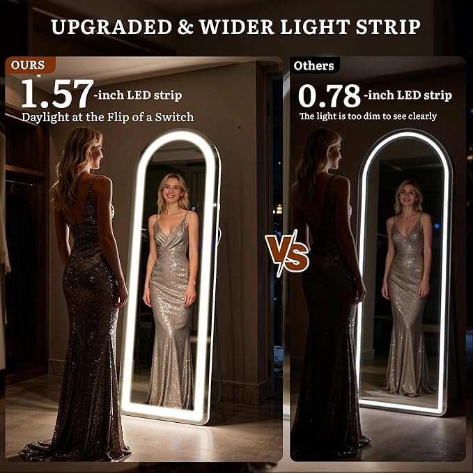 Full Length Mirror with LED Lights, 63"×20" Floor Mirror with Stand, Full Body Mirror with 3 Color Lighting Modes, Wall Mounted Mirror with Brighter Lighting Strip for Bedroom/Dressing Room