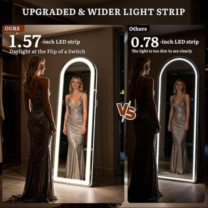 Full Length Mirror with LED Lights, 63"×20" Floor Mirror with Stand, Full Body Mirror with 3 Color Lighting Modes, Wall Mounted Mirror with Brighter Lighting Strip for Bedroom/Dressing Room