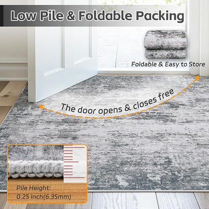 Area Rug 6x9 Living Room Rug Washable: No-Slip Abstract Soft Thin Large Gray White Rugs, Indoor Floor Stain Resistant Modern Carpet for Bedroom Dining Room Farmhouse Nursery Home Office