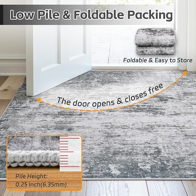 Area Rug 8x10 Living Room Rug Washable: No-Slip Abstract Soft Thin Large Gray White Rugs, Indoor Floor Stain Resistant Modern Carpet for Bedroom Dining Room Farmhouse Nursery Home Office