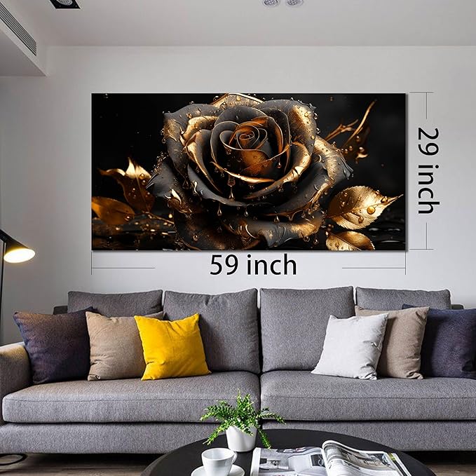 Ouzzlie Rose Picture Art for Living Room Flower Wall Decor Large Black and Gold Wall Art Artwork Floral Canvas Art Home Office 29" x 59"