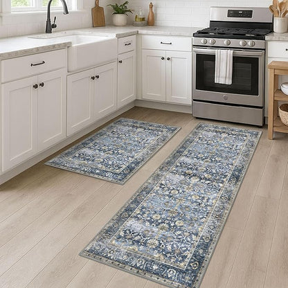 KUTA Vintage Floral Rugs for Entryway, 2PCS 2x3 and 2x6 Blue Grey Beige Entrance Small Area Rug, Non-Slip Washable Ultra Thin Soft Hallway Runner Rug, Low-Pile Indoor Door Mat Floor Carpet