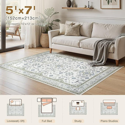 Area Rug 5x7 for Living Room - Washable Oriental Vintage Floral Distressed Large Indoor Carpets with Non Slip Back for Bedroom Dining Room Nursery Office Home Decor -Light Green