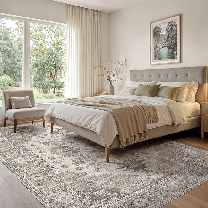 EIEIHOUSE Washable Area Rugs for Living Room -8x11 Neutral Vintage Distressed Floral Farmhouse Boho Large Soft Floor Rug Indoor Non Slip Carpet for Living Room Bedroom Dining Room Office-Brown/Beige