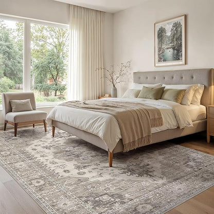 EIEIHOUSE Washable Area Rugs for Living Room - 7x9 Neutral Vintage Distressed Floral Farmhouse Boho Large Soft Floor Rug Indoor Non Slip Carpet for Living Room Bedroom Dining Room Office -Brown/Beige