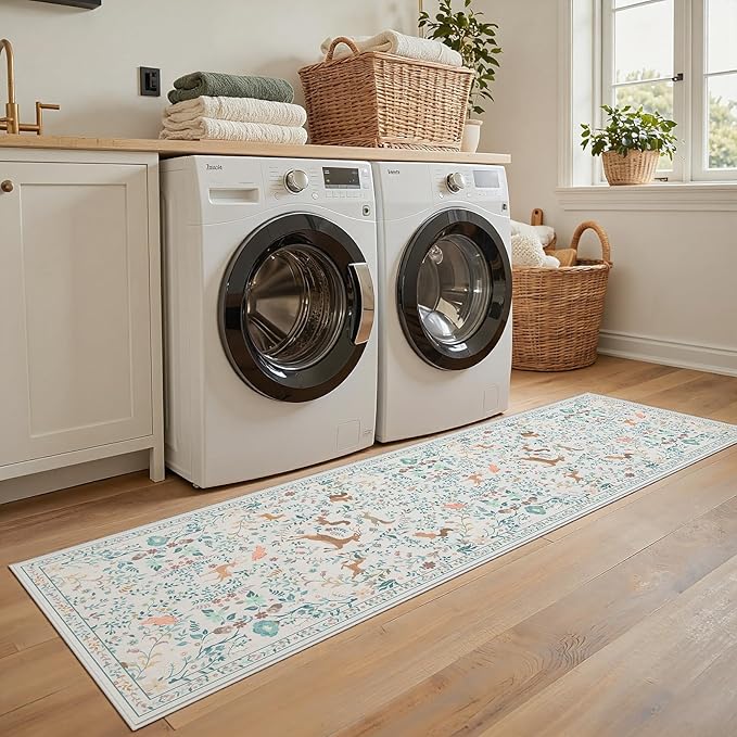Runner Rug Washable Runners Kitchen Rugs Non Slip Neutral Floral Carpet Low Pile for Indoor Hallways Entryway Living Room Bedroom Laundry Soft Mat 2'6''x8' Cream Gray
