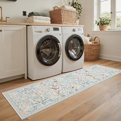 Runner Rug Washable Runners Kitchen Rugs Non Slip Neutral Floral Carpet Low Pile for Indoor Hallways Entryway Living Room Bedroom Laundry Soft Mat 2'6''x8' Cream Gray