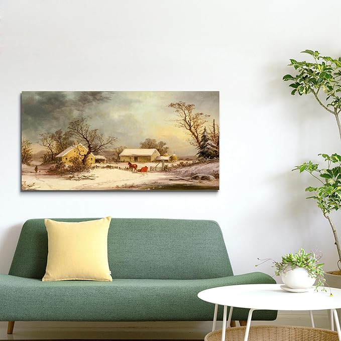 crmotu Winter Wall Art, Canvas Wall Art Landscape, Large Wall Decor, Rustic Farmhouse Wall Decor, Warm Country Vintage Paintings for Living Room Bedroom Above Bed Hallway Office Art Prints 24"X48"