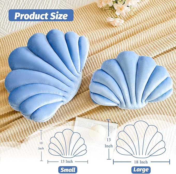 Lfsaaj Dusty Blue Seashell Throw Pillows, Shell Shaped Throw Pillows, 13 Inch Soft Velvet Home Decorative Pillow Plush Cushion for Bed Couch Living Sofa Room Decor Accent Throw Pillow