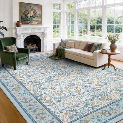 AMADA HOMEFURNISHING 8x10 Washable Area Rugs for Living Room, Non-Slip & Low-Profile Floral Large Area Rug with Durable Edge Binding, Soft Rugs for Living Room, Bedroom, Dining Room