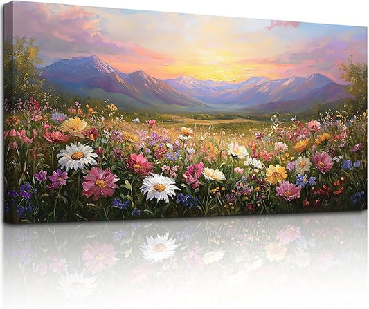 crmotu Landscape Wall Art, Oversized Wall Art, Floral Wall Decor, Mountain Flower Sunset Oil Paintings, Vibrant Scenic Pictures Wall Decor Living Room Bedroom Hallway Farmhouse Canvas Prints 29x57inch
