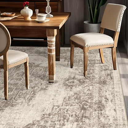 Area Rug 6x9 Vintage Rugs: Washable Indoor Medallion Rug Low Pile Distressed Floor Carpet Retro Accent Rugs for Living Room Bedroom Kitchen Dining Table Home Office(Taupe, 6'x9')