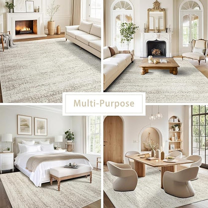 Srugn Washable Area Rug for Living, Bedroom & Dining Room, Ultra Soft Faux Wool Retro Large Carpet, Non-Slip/Shedding Low Pile Vintage Print for Home Office Decor, Beige Ivory Cream Brown Camel, 5x7