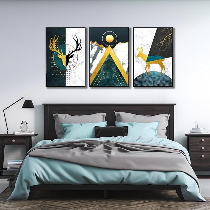 Boho Canvas Wall Art Set of 3 with Black Frame, Abstract Minimalismt Bohemian Deer & Geometric Pictures Prints Artwork Paintings Wall Decor for Bedroom Living Room Home Decoration 24x36 inches