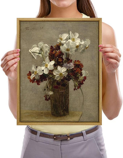 Pyradecor Vintage Framed Wall Art Bathroom Decor Narcisses Flowers in Vase Canvas Prints Floral Paintings Pictures for Living Room Bedroom Farmhouse Decor