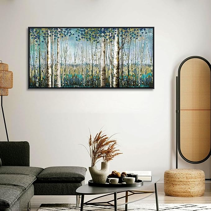 Pogusmavi Tree of Life Wall Art - Large Nature Birch Tree Canvas Painting for Home Decor | Framed Green Artwork for Living Room, Bedroom, and Office | Teal Wall Art Decoration 24x48 Inch