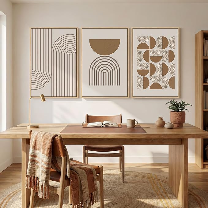 Large Framed Abstract Neutral Boho Wall Art for Living Room, 3 Piece Beige Mid Century Modern Canvas Artwork for Walls, Bauhaus Geometric Prints for Bedroom Office Dining Room Wall Decor, 24x36 Inch