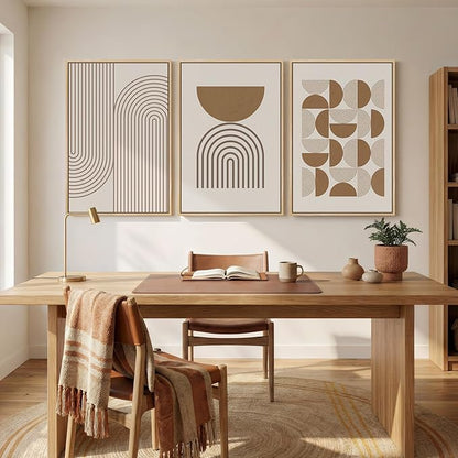 Large Framed Abstract Neutral Boho Wall Art for Living Room, 3 Piece Beige Mid Century Modern Canvas Artwork for Walls, Bauhaus Geometric Prints for Bedroom Office Dining Room Wall Decor, 24x36 Inch