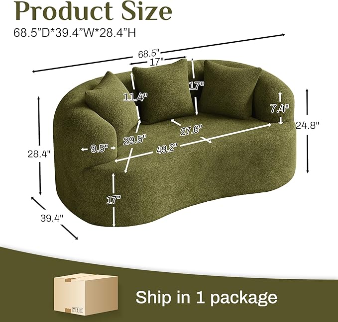 68.5" Loveseat Sofa for Living Room, Modern Luxury Plush Chenille Extra Deep Seat Curved Cloud Floor Couch with 3 Throw Pillows for Small Spaces, No Assembly Needed, Sage Green