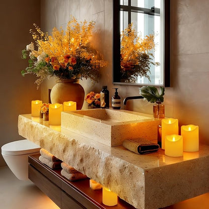 Outdoor Indoor Flameless Candles, Patented 3D Dual-LED, Set of 3 Slanted Top Durable Plastic Pillars with Remote, Table Centerpiece for Living Room Shelf, Non-Melting Battery Candles (Ivory)